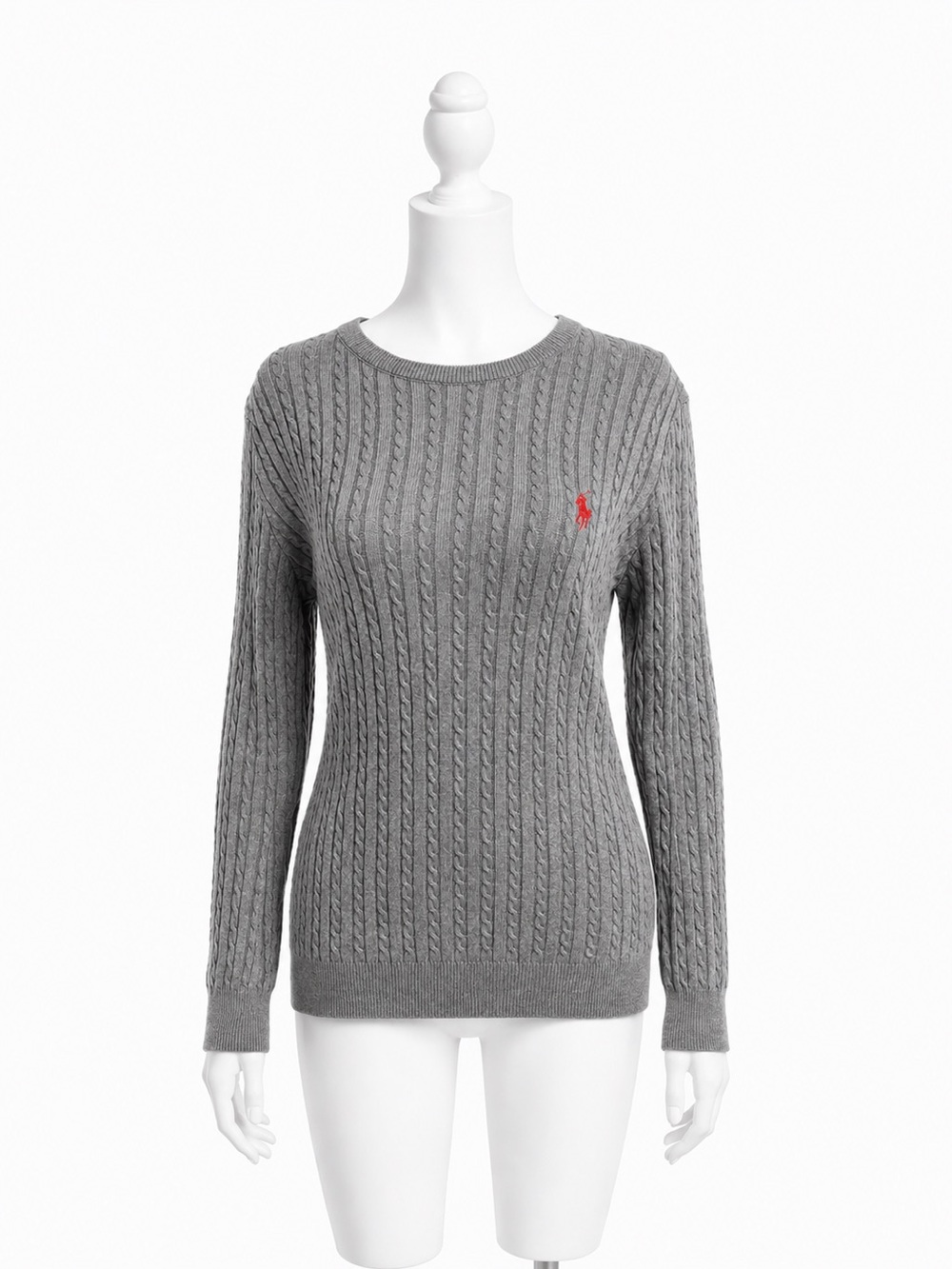 Ralph Lauren Gray Cable-Knit Crewneck with Red Polo Logo